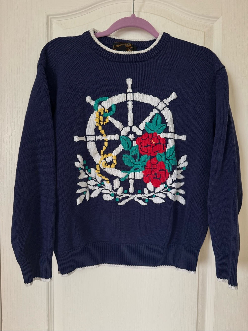 Vintage Eddie Bauer Nautical Wheel Floral Cotton Sweater Women’s Medium Blue